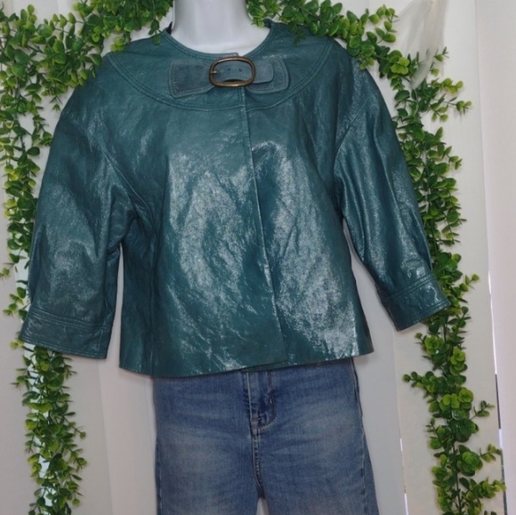 NEW Coach Cropped Distressed Leather Jacket in Teal Green - Picture 3 of 16